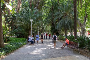 Malaga, İspanya - 24 Mayıs 2019: Paseo del Parque bahçelerindeki ağaçlık bir caddede yürüyen insanlar.