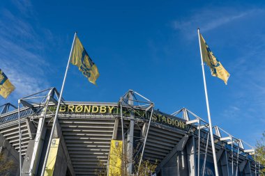 Brondby, Danimarka - 5 Mayıs 2025: Brondy Stadyumunun dış görünüşü, Danimarka Superliga kulübü Brondby IF 'in anavatanı