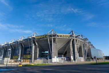 Brondby, Danimarka - 5 Mayıs 2025: Brondy Stadyumunun dış görünüşü, Danimarka Superliga kulübü Brondby IF 'in anavatanı