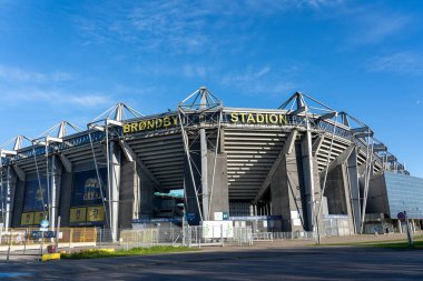 Brondby, Danimarka - 5 Mayıs 2025: Brondy Stadyumunun dış görünüşü, Danimarka Superliga kulübü Brondby IF 'in anavatanı