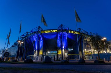 Brondby, Danimarka - 5 Mayıs 2025: Brondy Stadyumunun dış görünüşü, Danimarka Superliga kulübü Brondby IF 'in anavatanı