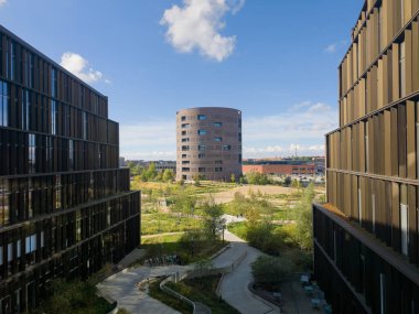 Copenhagen, Denmark - October 3, 2025: Exterior of Traffic Tower East. It houses control centers that monitor trains, and traffic on freeways, highways and bridges for the Danish Road Directorate.