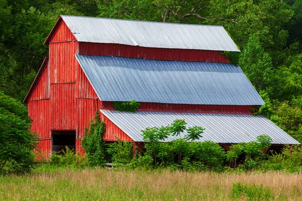 Old Red Barn Surrounded Growth Trees — Stock Photo, Image