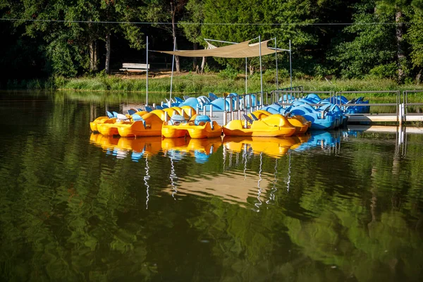 田纳西州孟菲斯 谢尔比农场公园的一个湖中漂浮着黄色和蓝色的踏板船 2022年8月31日 免版税图库照片
