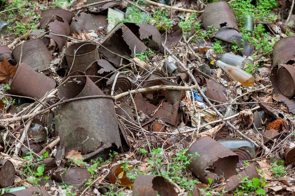 Rusty old tin cans and glass bottles decaying in at dump site in the forest.