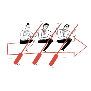 İş gemisi - Herkes aynı okun içinde çok çalışıyor. Yönetici ve çalışanlar takım çalışması kavramı. El çizimi vektör çizimi çizim şekli.