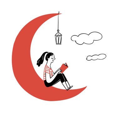 Ay 'da oturan kız, el çizimi vektör çizimi karalama stili bir kitap okuyor..
