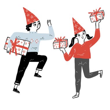 Mutlu çocuklar hediyelerle neşe içinde. El çizimi vektör çizim çizim şekli. 