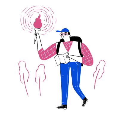 Genç adam kayıp istikamete giderken meşaleyi parlak bir şekilde kaldırıyor. El çizimi vektör çizimi çizim biçimi.