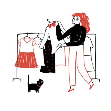 Satış, alışveriş, moda, tarz ve insanların konsepti. Kıyafet seçen mutlu genç bir kadın. El çizimi vektör çizimi çizim biçimi.