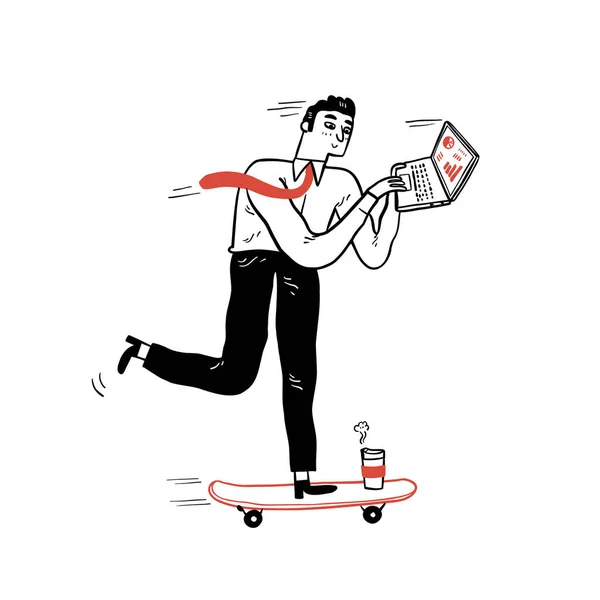 スケートボードで働くビジネスマン 手描きベクトルイラストドードルスタイル — ストックベクタ