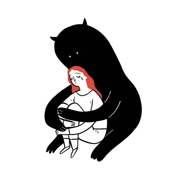 Triste Fille Assise Seule Étreinte Par Une Ombre Noire Par — Image vectorielle