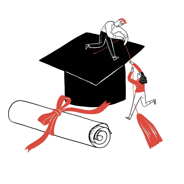 一个年轻的大学生正在帮助他的朋友取得毕业典礼的桂冠 矢量插图手绘涂鸦风格 — 图库矢量图片
