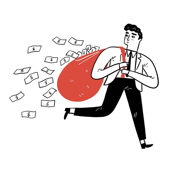 Stock vector Business finance concept: The businessman is carrying a big bag that a lot of falling to overflows moneys. Vector illustration hand drawn doodle style.