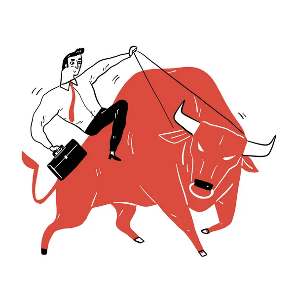 Hombre Negocios Está Montando Toro Asustadizo Ilustración Vectorial Dibujado Mano — Vector de stock