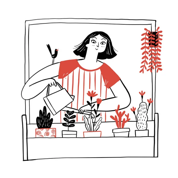 アパートの魅力的な女性の散水花 手描きベクトルイラスト Doodle Style — ストックベクタ