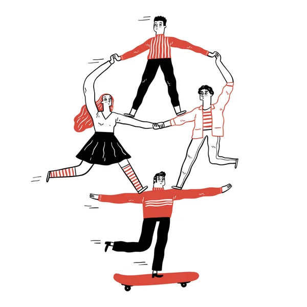 Anställd Eller Grupp Människor Som Utför Akrobatik Hand Dras Vektor Royaltyfria illustrationer