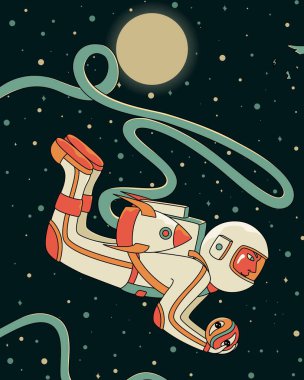 Ay 'ı elinde tutan uçan astronot dijital illüstrasyon