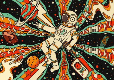 Uzayda retro müzikle uçan astronot, dijital illüstrasyon. Yüksek kaliteli illüstrasyon