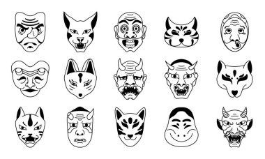 Geleneksel Japon maskeleri koleksiyonu. Eski Kore maske elementleri vektör illüstrasyonunu ayarla