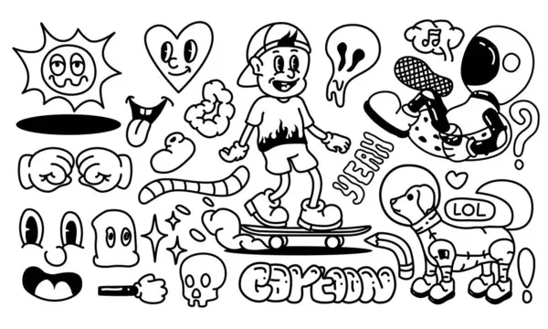 Retro çizgi film koleksiyonu seti. Doodle vektör illüstrasyonu