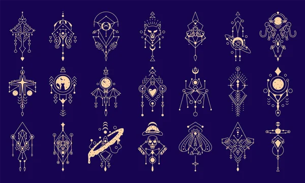 Hayvanlar, ay, göz, oklar, düş kapanı vs. içeren kutsal geometrik semboller. Altın soyut sihirli işaretler koleksiyonu. Vektör illüstrasyonu