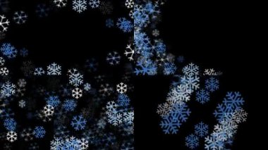 Kış kar tanelerinin animasyonu siyah arkaplan parçacıklarını örtüyor. Yüksek kalite 4k görüntü