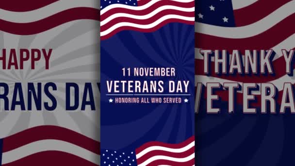 アメリカの幸せな退役軍人の日のアニメーション アメリカの旗の背景と花火のスプラッシュでテキストをレタリング 高品質の4K映像 — ストック動画