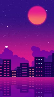 Neon siber punk şehrinin animasyonu, şehrin geleceği, şehir manzarası. Yüksek kalite 4k görüntü