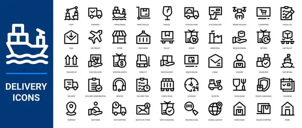 Teslimat çizgisi simgeleri ayarlandı. Nakliye ikonu koleksiyonu. İçinde yiyecek, sipariş, endüstriyel, kurye, kargo ve daha fazlası var. Vektör illüstrasyonu