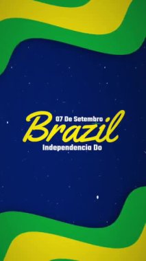 Brezilya 'nın mutlu bağımsızlık günü animasyonu, Brezilya bayrağı arkaplanı ve havai fişek sıçraması olan harfler. Yüksek kalite 4k görüntü