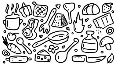 Yemek pişirme karalama koleksiyonu seti. Gıda hazırlama vektörü illüstrasyonu