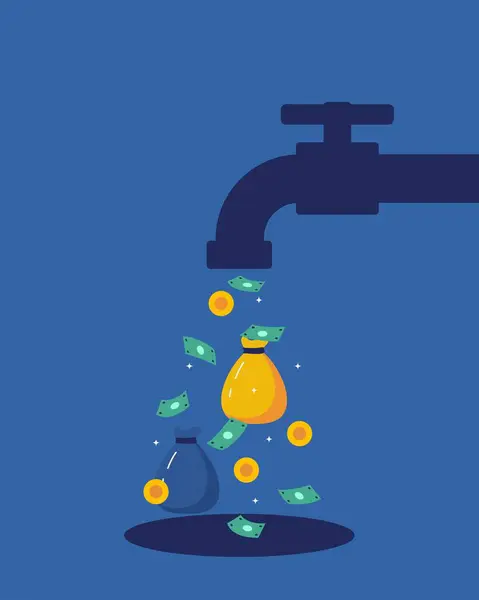 İçinde para ve bozuk para olan musluk. Para kaynağı, pasif gelir konsepti vektör illüstrasyonu