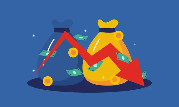 İki çanta dolusu para, biri mavi ve biri sarı, aşağıya bakan kırmızı bir ok. Mali kayıp ya da düşüş kavramı