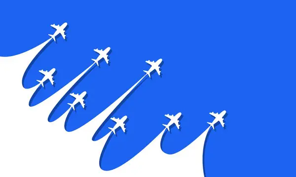Sırayla uçan bir dizi uçağın olduğu mavi ve beyaz bir arka plan. Uçakların hepsi farklı boyutlarda ve çeşitli açılarda konumlandırılmışlar. Hareket ve heyecan kavramı