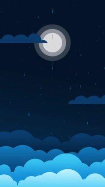 Bulut ve ay animasyonu ile gece gökyüzüne düşen yağmur. Yüksek kalite 4k görüntü