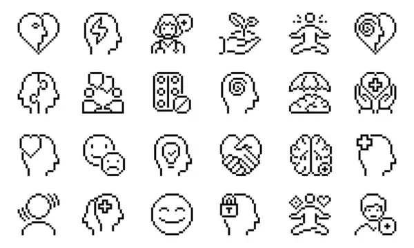 Zihinsel sağlık pikseli simgeleri ayarlandı. Stres, depresyon, endişe, zihinsel bakım ve daha fazlasını içeriyor. Vektör illüstrasyonu