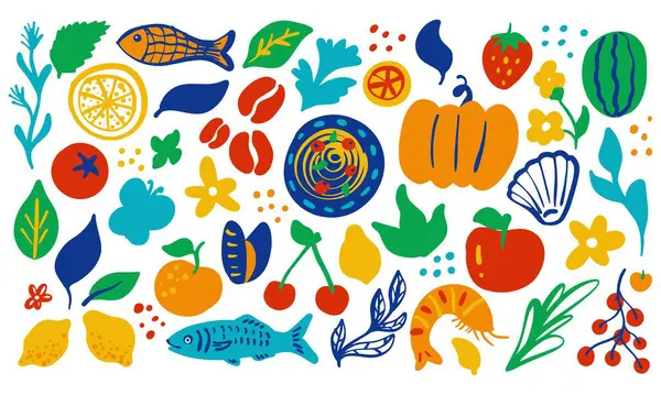 Balık, limon, portakal, çilek ve daha bir sürü renkli karalama. Gıda vektörü illüstrasyonu