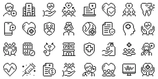 Tıbbi tasarım ihtiyaçları için sağlık hizmeti pikseli simgeleri. İnternet, uygulama, sunumlar ve sağlık endüstrisi grafikleri için çok yönlü bir set. Vektör illüstrasyonu