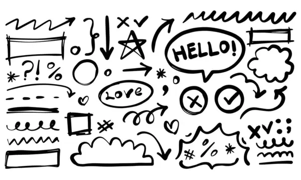 El çizimi tebeşir fırça darbesi oku, altı çizili, işaret, karalama ve daha fazlası. Vektör illüstrasyonu