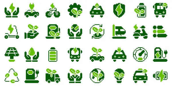 Ekoloji taşıma pikseli simgesi ayarlandı. Vektör illüstrasyonu