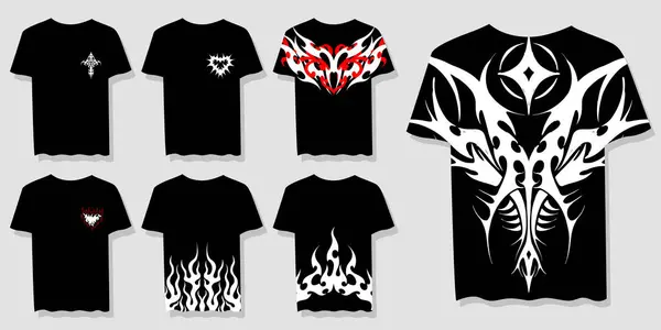 Altı siyah tişört, kabile tarzı alev ve giysi baskısı ve ticari eşyalar için uygun kalp grafikleriyle tasarlandı. Sıradan ve şık.