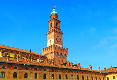 Vigevano,Italy,12 may 2024.View of the Bramante Tower(15th century) from the square in Vigevano,Lombardy,Italy