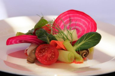 Şili, San Pedro de Atacama 'daki Hotel Explora Atacama restoranında beyaz bir tabakta güzel ve renkli bir salata, turp, salatalık, havuç, domates ve yaprakla kaplanmış..