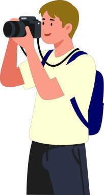 Fotoğraf teması, gezi blogları, yaratıcı projeler ve amatör tasarımlar için mükemmel bir fotoğraf makinesi tutan bir adamın düz vektör çizimi. Posterler, el ilanları, sosyal medya grafikleri ve BR için uygun düzenlenebilir ve ölçeklenebilir fotoğrafçı karakter vektörü
