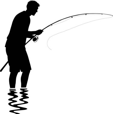 Suda oltayla duran siyah balıkçı silueti. Açık hava macera tasarımı, balıkçılık kulübü logosu, hobi posteri ve eğlence amaçlı aktivite vektörü için harika..