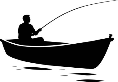 Suda küçük bir teknede balık avlayan bir adamın siyah vektör silueti. Macera posteri, göl aktivitesi tasarımı, balıkçılık sporu ve açık hava yaşam grafikleri için ideal.