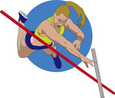 Yarışma sırasında sırıkla atlayan kadın sporcuların düz vektörü. Olimpik spor posteri, pist ve saha tasarımı, fitness ve atletizm projeleri için ideal.