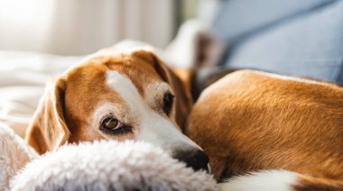 Kanepede güneşli bir odada uyuyan yetişkin bir av köpeği. Köpek temalı arkaplan