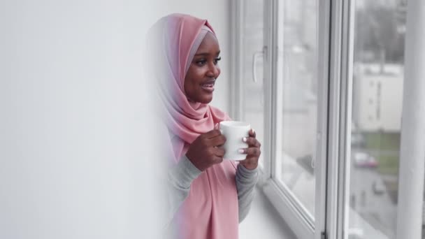 回家休息 释放快乐的女人 喜欢喝点什么 漂亮的笑脸女士 头戴头巾 喝着美味的茶 在明亮的房间里看着家的窗户 — 图库视频影像
